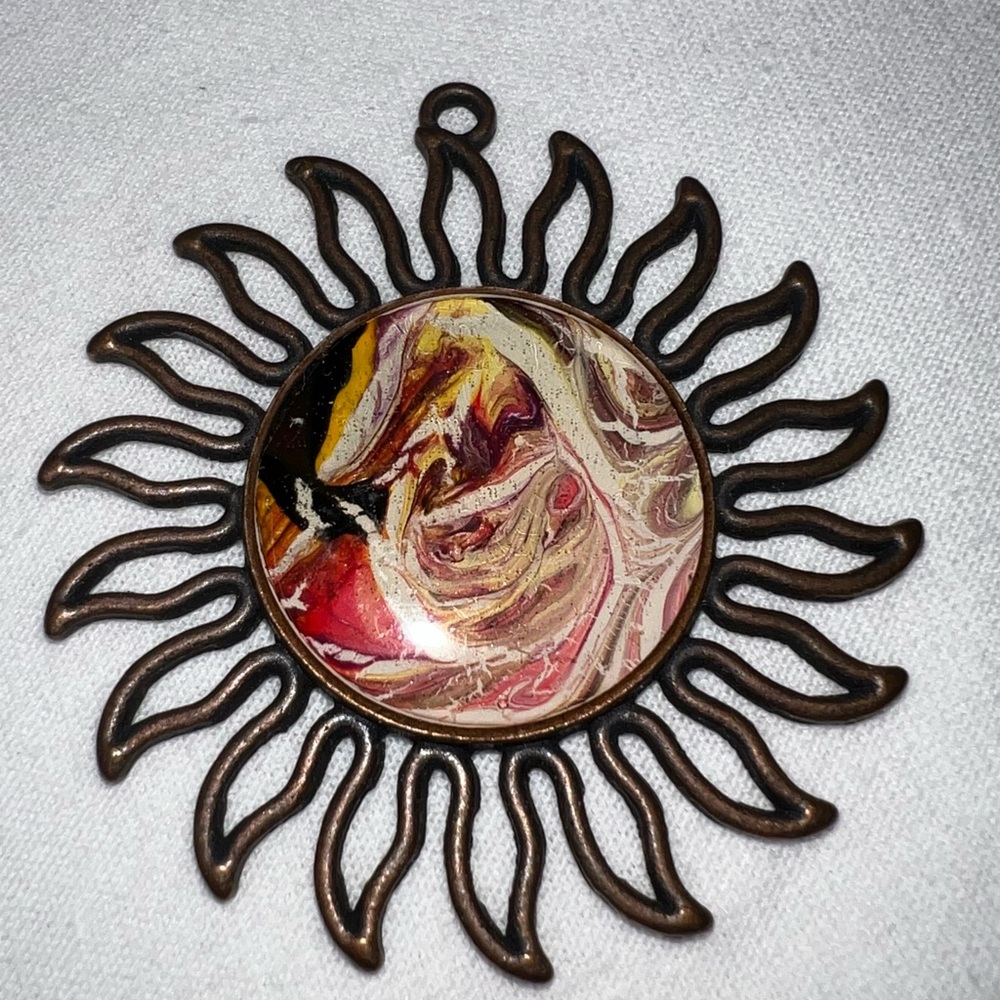 Handmade Sunburst Poured Paint Pendant  New!